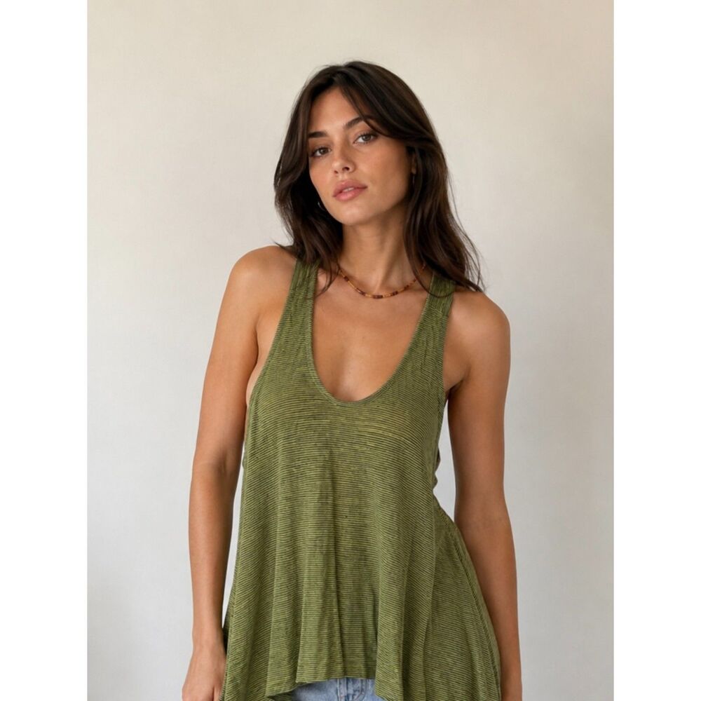 Eileen Fisher 100% Linen Stripe Green Sleeveless Tunic Top